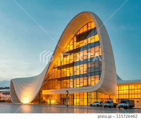 Evening View of Heydar Aliyev Centre in Baku Azerbaijan With Illuminated Exteriors 115726462