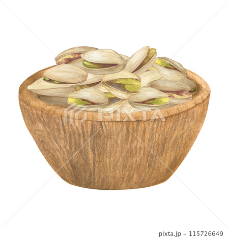 Pistachio nut in wooden bowl plate watercolor illustration set. Botanical drawing sketch stylized. Isolated. Hand drawn, suitable for food packaging design 115726649