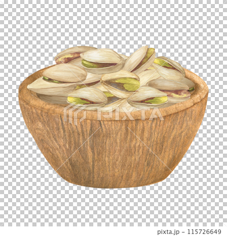 Pistachio nut in wooden bowl plate watercolor illustration set. Botanical drawing sketch stylized. Isolated. Hand drawn, suitable for food packaging design 115726649