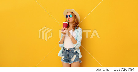 Summer vacation, beautiful modern young woman with cup of coffee, stylish girl drinking fresh juice 115726784