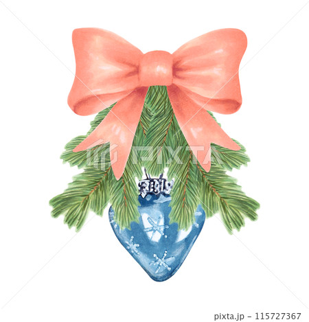 Fir branches are decorated with a pink bow and a blue shiny Christmas tree toy. Watercolor illustration on the theme of New Year and Christmas. Hand drawn isolated clipart. Ribbon with ball, pine. 115727367