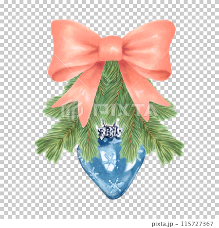 Fir branches are decorated with a pink bow and a blue shiny Christmas tree toy. Watercolor illustration on the theme of New Year and Christmas. Hand drawn isolated clipart. Ribbon with ball, pine. 115727367