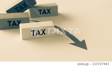 TAXと下降矢印　手取り額　減少　税金　減税 115727481