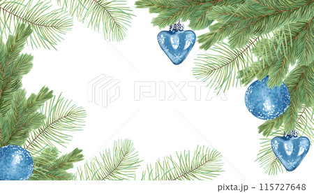 Horizontal frame of pine and fir branches with a blue toy. Watercolor, marker illustration. Christmas background with evergreens. Hand drawn isolated art. Natural backdrop for the New Year with cedar 115727648