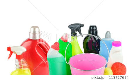 Household cleaning product isolated on white. Free space for text. Wide photo. Household cleaning product isolated on white. Free space for text. Wide photo. 115727654