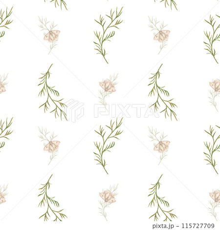 Seamless watercolor pattern with butterflies and twigs of plants on a white background. Print for fabric, children's clothing, delicate background and packaging. 115727709