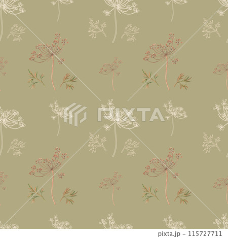 Watercolor seamless pattern, hand-drawn in the form of dill grass. Dill leaves and twigs on a green background. Greenery for packaging design, postcards, fabric and book illustrations. 115727711