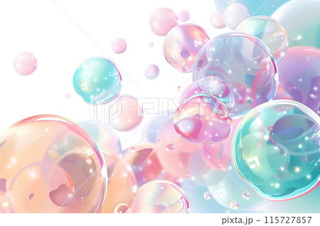 A soft pastel background with bubbles in shades of pink, blue and purple floating gently across the canvas. The balloons atmosphere of whimsy and playfulness, perfect for adding fun to your design 115727857