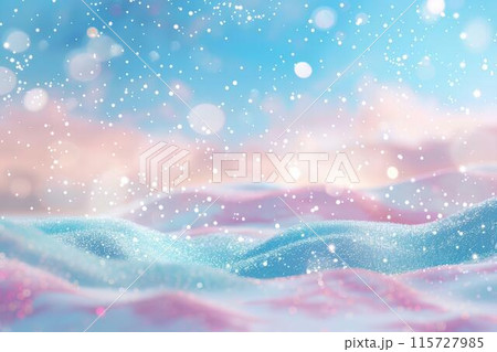 Cute pastel pink and blue background with glitter, snow and ice in a closeupBackground for product presentation, design or advertising. snowy hills in a winter landscape. Christmas card. 115727985