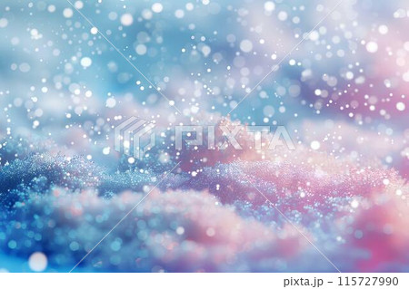 Cute pastel pink and blue background with glitter, snow and ice in a closeupBackground for product presentation, design or advertising. snowy hills in a winter landscape. Christmas card. 115727990