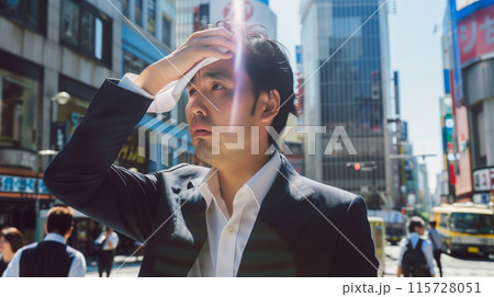 熱い夏の日に汗を拭くビジネスマン 115728051