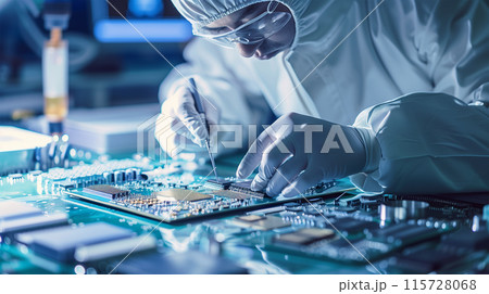 日本の半導体ラボで半導体部品を基板に配置するクリーンルーム専門家 115728068