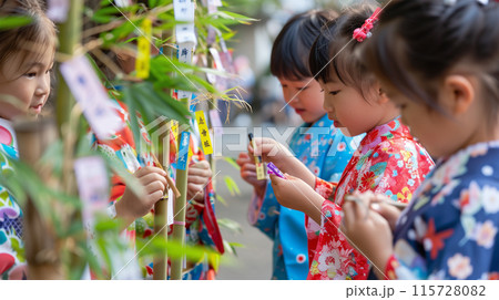 七夕祭りの浴衣を着た子供たちと短冊 115728082