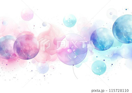 A background with pastel colored bubbles floating in the air, creating an ethereal and dreamy atmosphere soft pinks, blues, purples suitable for a romantic or whimsical theme. in the style of cartoon. 115728110