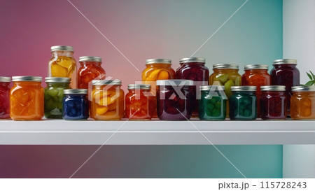 white shelf on which there are jars of fruit jams 115728243