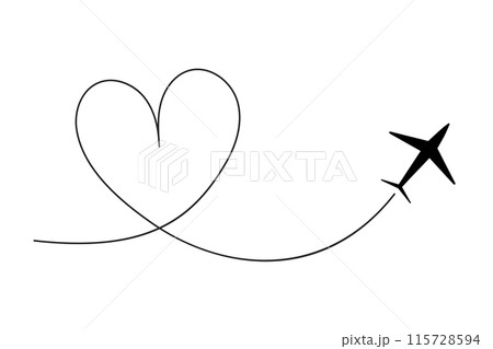 Itinerary dashed trace heart shape, line airplane flight, dotted path, romantic aircraft tracking simple minimal trip isolated on white background. Plan with start point. Tatoo 115728594