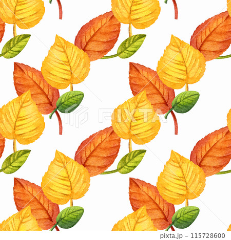 watercolor seamless pattern of autumn forest leaves, hand drawn illustration of yellow and orange forest leaves, green and brown different leaves, sketch isolated on white background watercolor seamless pattern of autumn forest leaves, hand drawn illustration of yellow and orange forest leaves, green and brown different leaves, sketch isolated on white background 115728600