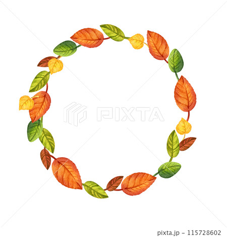 watercolor wreath of autumn forest leaves, hand drawn illustration of yellow and orange forest leaves, green and brown different leaves, sketch isolated on white background 115728602