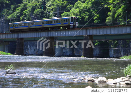 雄大な井倉峡を背景にのんびりと走る213系電車_2024/5/17撮影 115728775