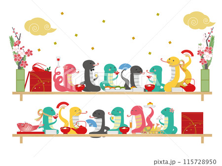 2025年 巳年 年賀状用 干支のヘビの宴会イラスト 2025年 巳年 年賀状用 干支のヘビの宴会イラスト 115728950