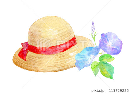水彩イラスト 麦わら帽子と朝顔 水彩イラスト 麦わら帽子と朝顔 115729226