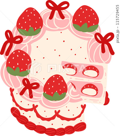 Coquette Strawberry Cake  Vintage Retro Dessert in Vibrant Flat Design 115729455