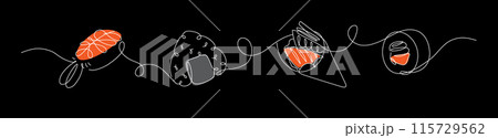 Asian food sushi and roll set linear style black 115729562