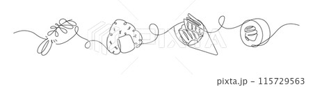 Asian food sushi and roll set linear style 115729563