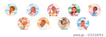 Dreaming People Characters with Their Heads in Clouds Having Fancy Imagination Vector Set Dreaming People Characters with Their Heads in Clouds Having Fancy Imagination Vector Set 115729753