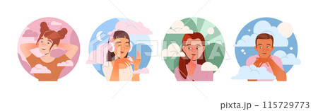 Dreaming People Characters with Their Heads in Clouds Having Fancy Imagination Vector Set 115729773