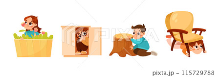 Kids Playing Hide and Seek Game Have Fun Vector Set Kids Playing Hide and Seek Game Have Fun Vector Set 115729788