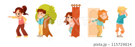Kids Playing Hide and Seek Game Have Fun Vector Set Kids Playing Hide and Seek Game Have Fun Vector Set 115729814