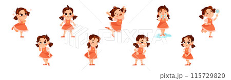 Funny Little Girl in Red Dress Expressing Emotion Vector Illustration Set Funny Little Girl in Red Dress Expressing Emotion Vector Illustration Set 115729820