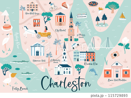 Hand drawn vector map of Charleston, South Carolina, USA with famous landmarks and symbols. Hand drawn vector map of Charleston, South Carolina, USA with famous landmarks and symbols. 115729893