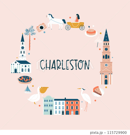 Charleston hand drawn poster, decoration with famous symbols and landmarks of city 115729900