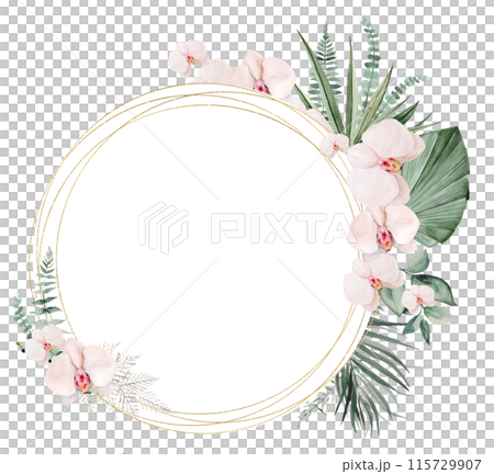 Watercolor frame with beige and green tropical leaves and flowers, Boho Wedding  illustration 115729907