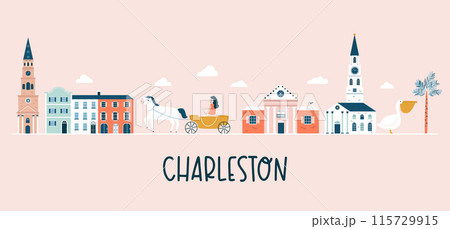 Charleston hand drawn poster, decoration with famous symbols and landmarks of city Charleston hand drawn poster, decoration with famous symbols and landmarks of city 115729915