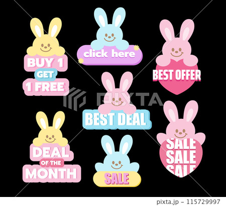 Happy pastel bunny with various sale tags including Deal of the Month, Best Offer, Buy 1 Get 1 Free, Best Deal, Click Here for online shopping, sticker, discount badge, template, campaign, promotion 115729997