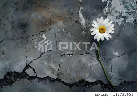 A daisy flower blooming on cracked concrete, symbolizing hope and resilience in the face of challenges. Top view. 115730653