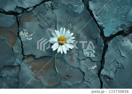 A daisy flower blooming on cracked concrete, symbolizing hope and resilience in the face of challenges. Top view. A daisy flower blooming on cracked concrete, symbolizing hope and resilience in the face of challenges. Top view. 115730656