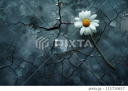 A daisy flower blooming on cracked concrete, symbolizing hope and resilience in the face of challenges. Top view. 115730657