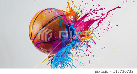 Water splashes with colorful paint and a basketball on a white background. Design in the style of sport, advertising banner or greeting card. Water splashes with colorful paint and a basketball on a white background. Design in the style of sport, advertising banner or greeting card. 115730732