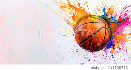 Water splashes with colorful paint and a basketball on a white background. Design in the style of sport, advertising banner or greeting card. 115730738