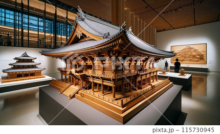 精巧な木製日本建築模型の展示 115730945