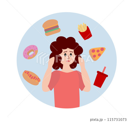 Eating disorder. Sad woman worries about being overweight. Overeating, bulimia, anorexia. Food addiction concept. Rejection of yourself. Cartoon flat vector illustration. Eating disorder. Sad woman worries about being overweight. Overeating, bulimia, anorexia. Food addiction concept. Rejection of yourself. Cartoon flat vector illustration. 115731073