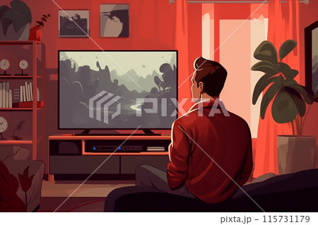 Illustration of Man Watching Television in Living Room. AI generated. 115731179