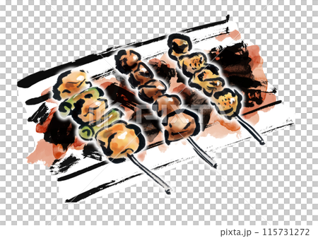 焼き鳥3本を炭火で焼いている手書きの和風筆書きイラスト 115731272