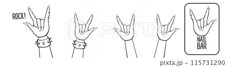 Female Hand in Rock Gesture set vector illustration. Heavy Metal and rock n roll Sign. Beauty studio and Nail bar Salon concept logo design template. Woman hands collection line art style Female Hand in Rock Gesture set vector illustration. Heavy Metal and rock n roll Sign. Beauty studio and Nail bar Salon concept logo design template. Woman hands collection line art style 115731290