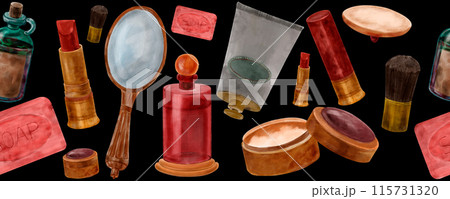 Vintage border pattern with red lipstick, gold mirror, powder, puff, cream, brush, beauty drawn in watercolor in retro style. Vintage cosmetics 115731320