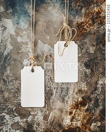 2 white blank rectangular cardboard tags hanging on strings. Isolated on plain & textured background.  2 white blank rectangular cardboard tags hanging on strings. Isolated on plain & textured background.  115731458
